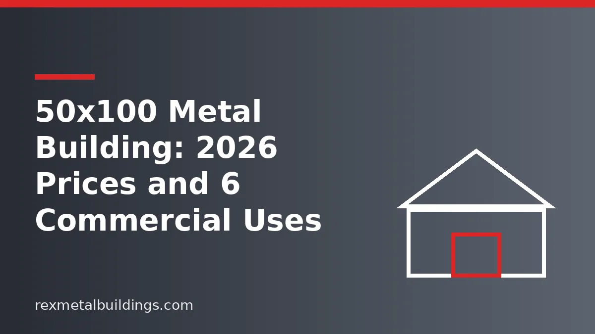 Graphic of a steel building outline with the words 50x100 Metal Building Prices and 6 Commercial Uses