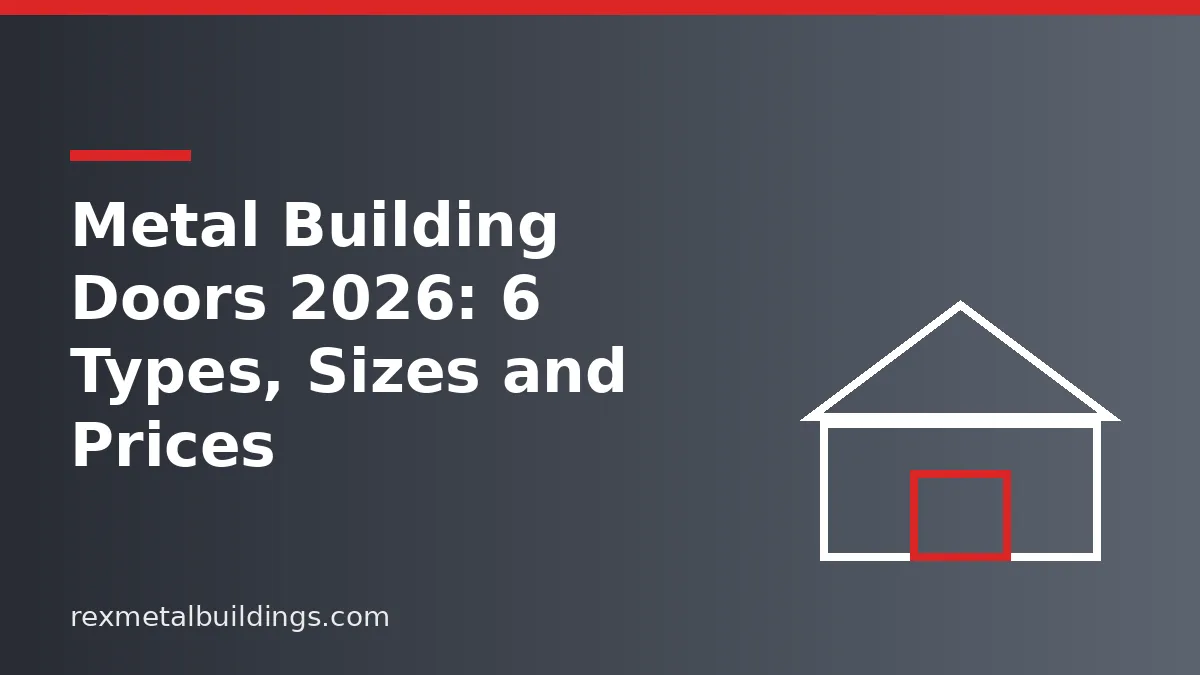 Graphic of a steel building outline with the words Metal Building Doors 6 Types Sizes and Prices