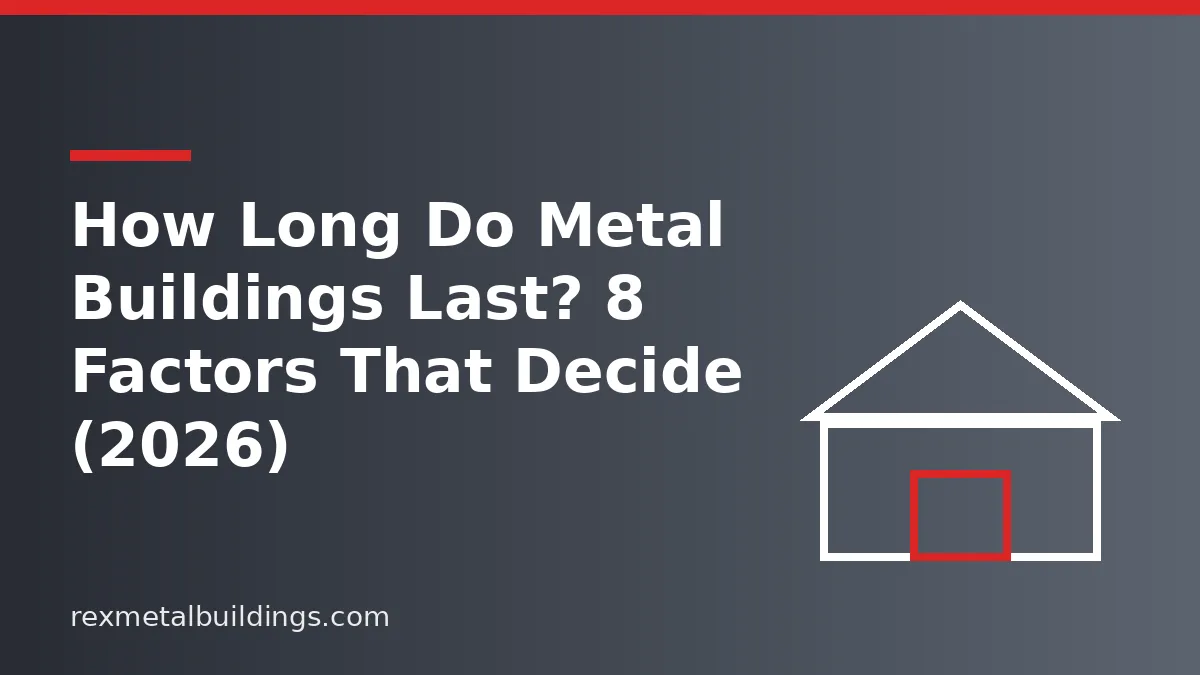 Graphic of a steel building outline with the words How Long Do Metal Buildings Last 8 Factors That Decide