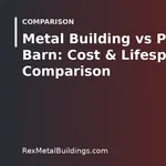 Graphic of a steel building outline with the words Metal Building vs Pole Barn Cost and Lifespan Comparison