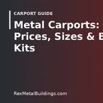 Graphic of a steel building outline with the words Metal Carports Prices Sizes and Kits