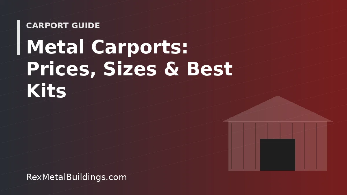 Graphic of a steel building outline with the words Metal Carports Prices Sizes and Kits