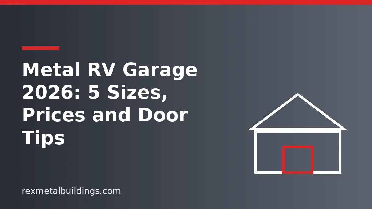 Graphic of a steel building outline with the words Metal RV Garage 5 Sizes Prices and Door Tips